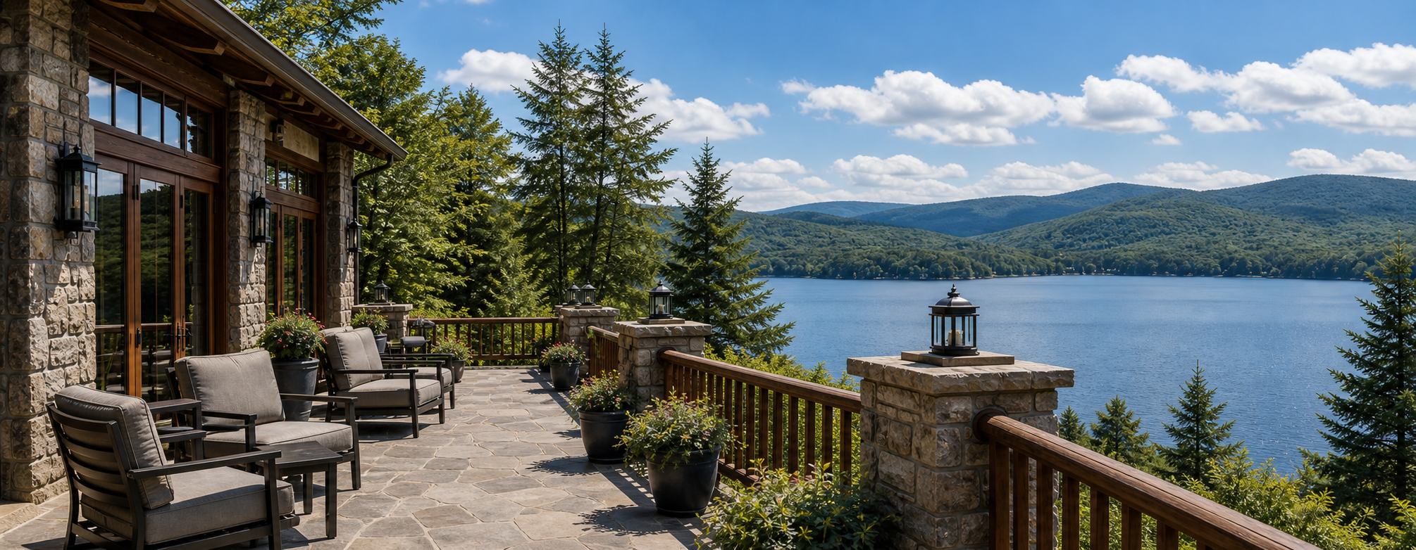 A peaceful stone lodge terrace overlooking a Poconos mountain lake